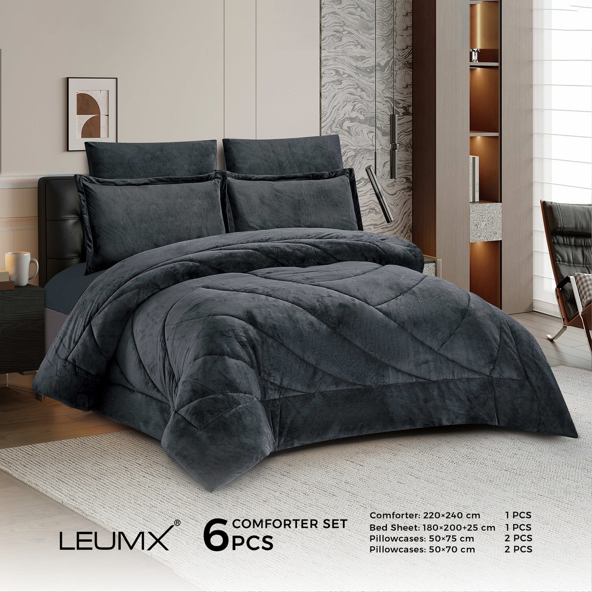 LEUMX Velora velvet comforter set 6-delig – Antraciet