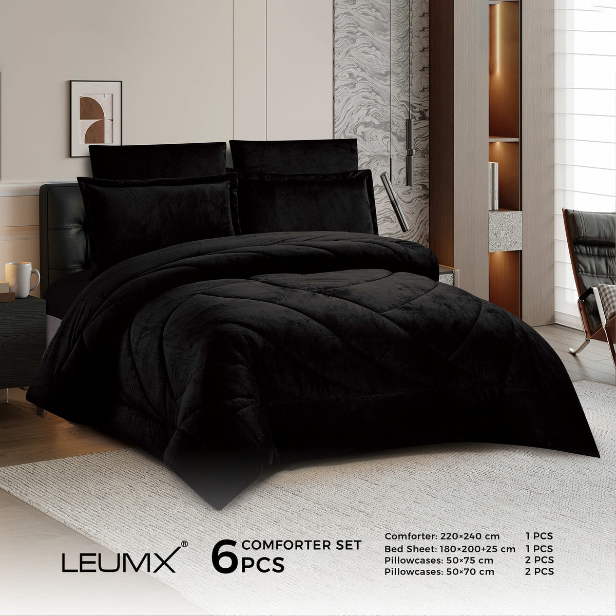 LEUMX Velora velvet comforter set 6-delig – Zwart