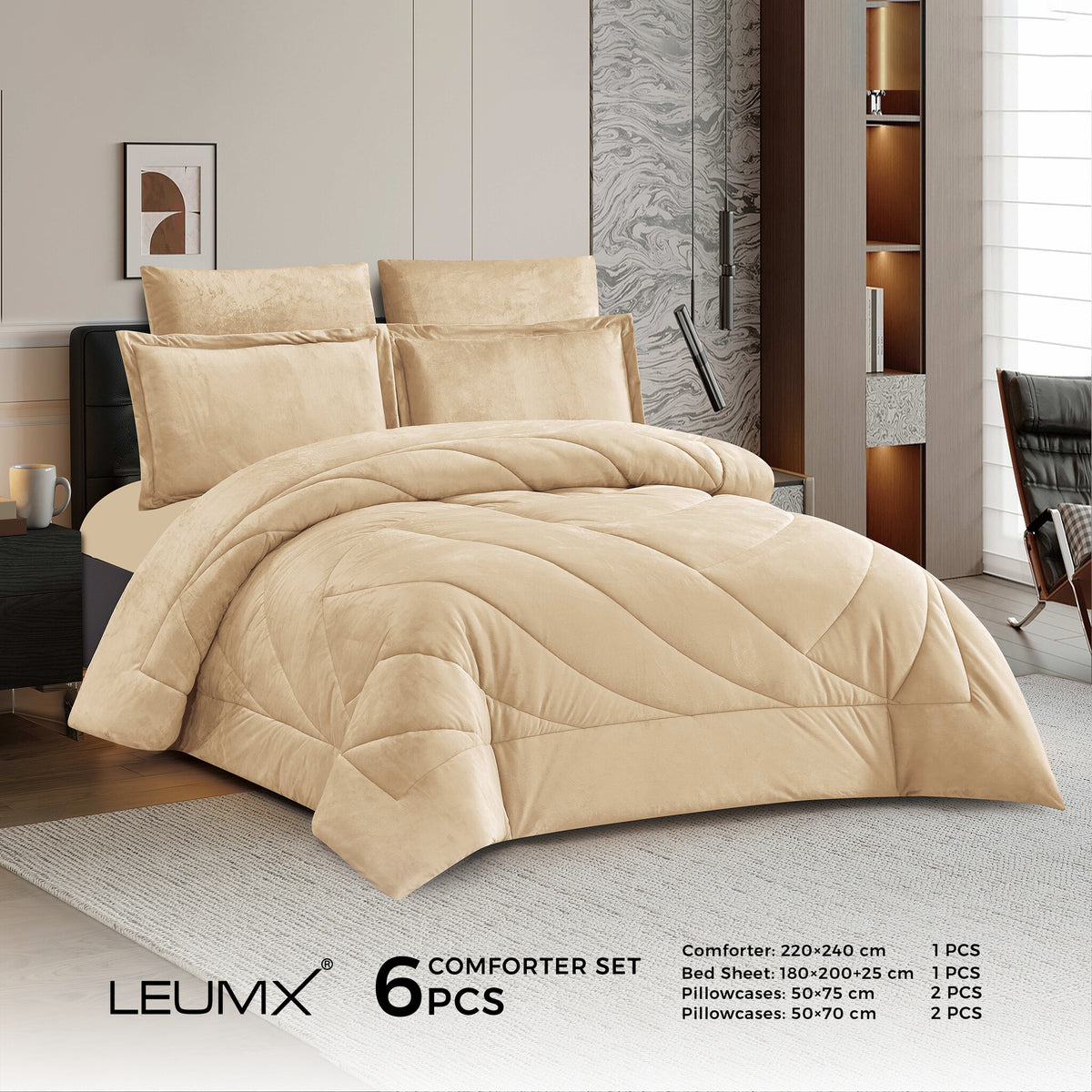 LEUMX Velora velvet comforter set 6-delig – Champagne