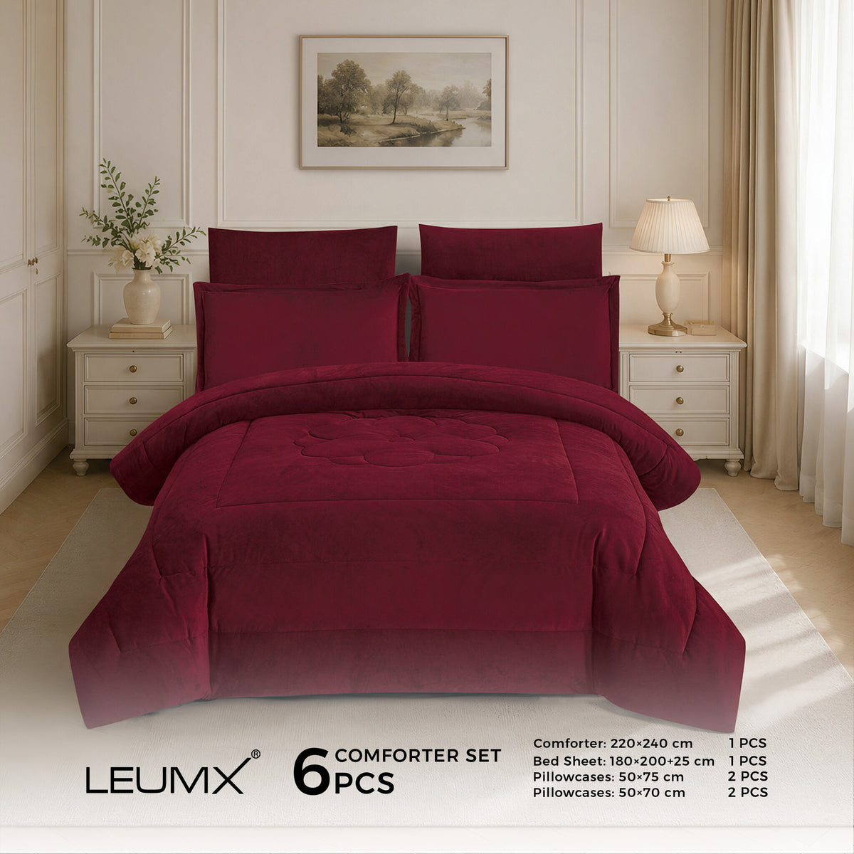 LEUMX Rosalie velvet comforter set 6-delig – Bordeaux