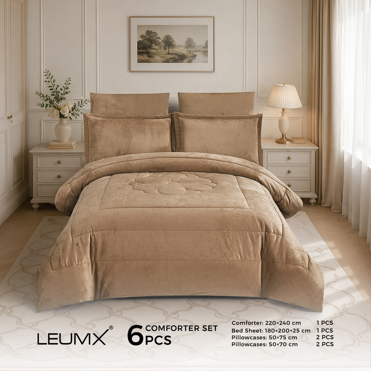 LEUMX Rosalie velvet comforter set 6-delig – Camel