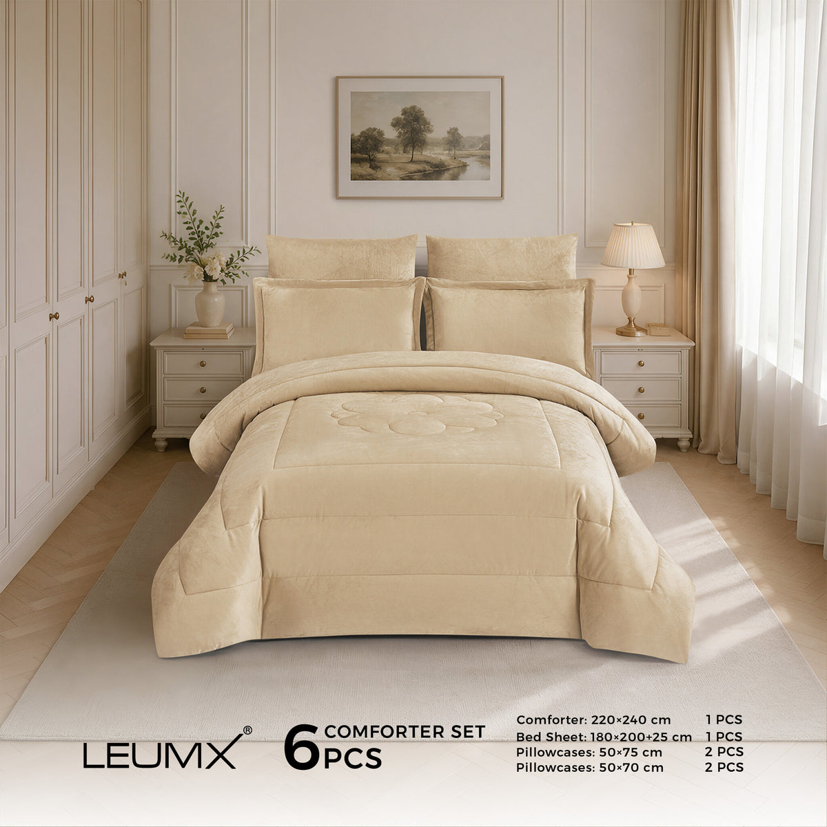 LEUMX Rosalie velvet comforter set 6-delig – Crème