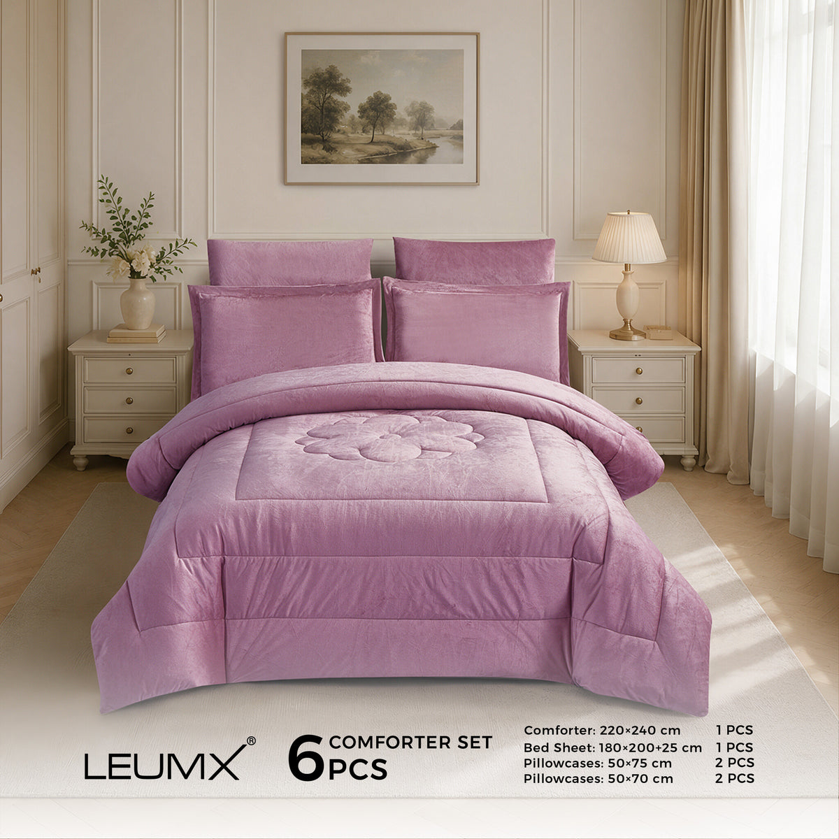 LEUMX Rosalie velvet comforter set 6-delig – Lila