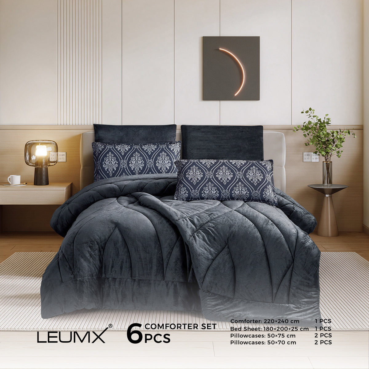 LEUMX Damira velvet comforter set 6-delig – Antraciet
