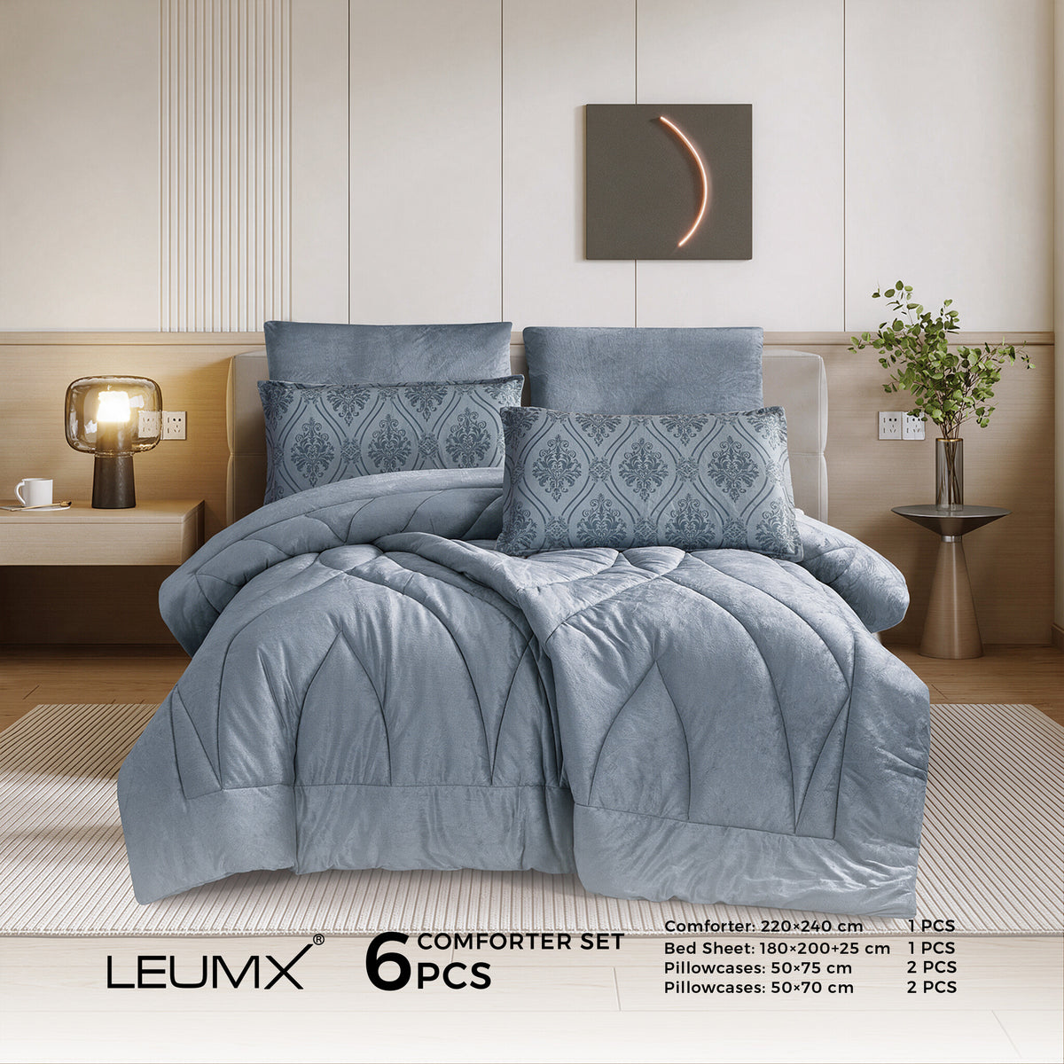 LEUMX Damira velvet comforter set 6-delig – Blauwgrijs