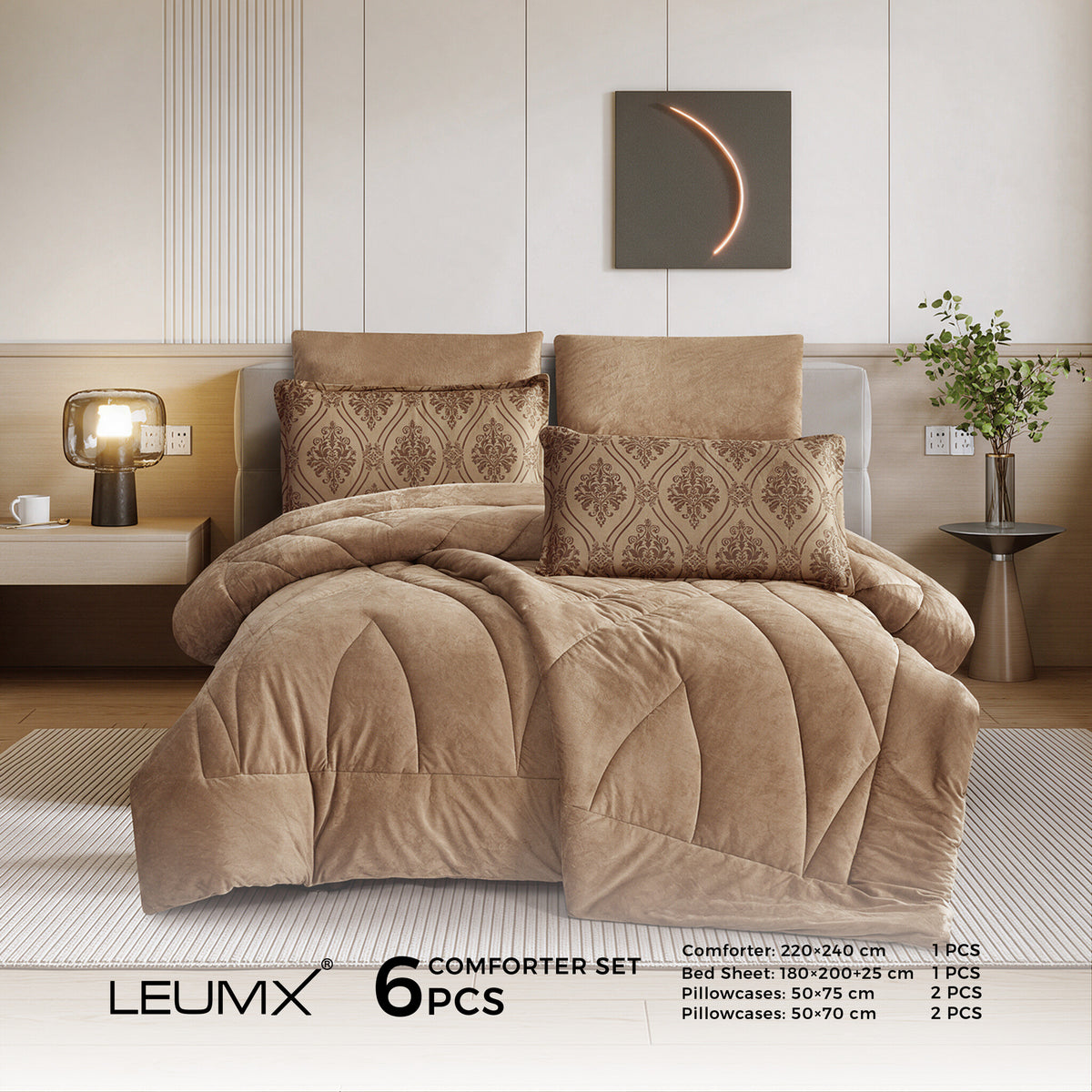 LEUMX Damira velvet comforter set 6-delig – Camel