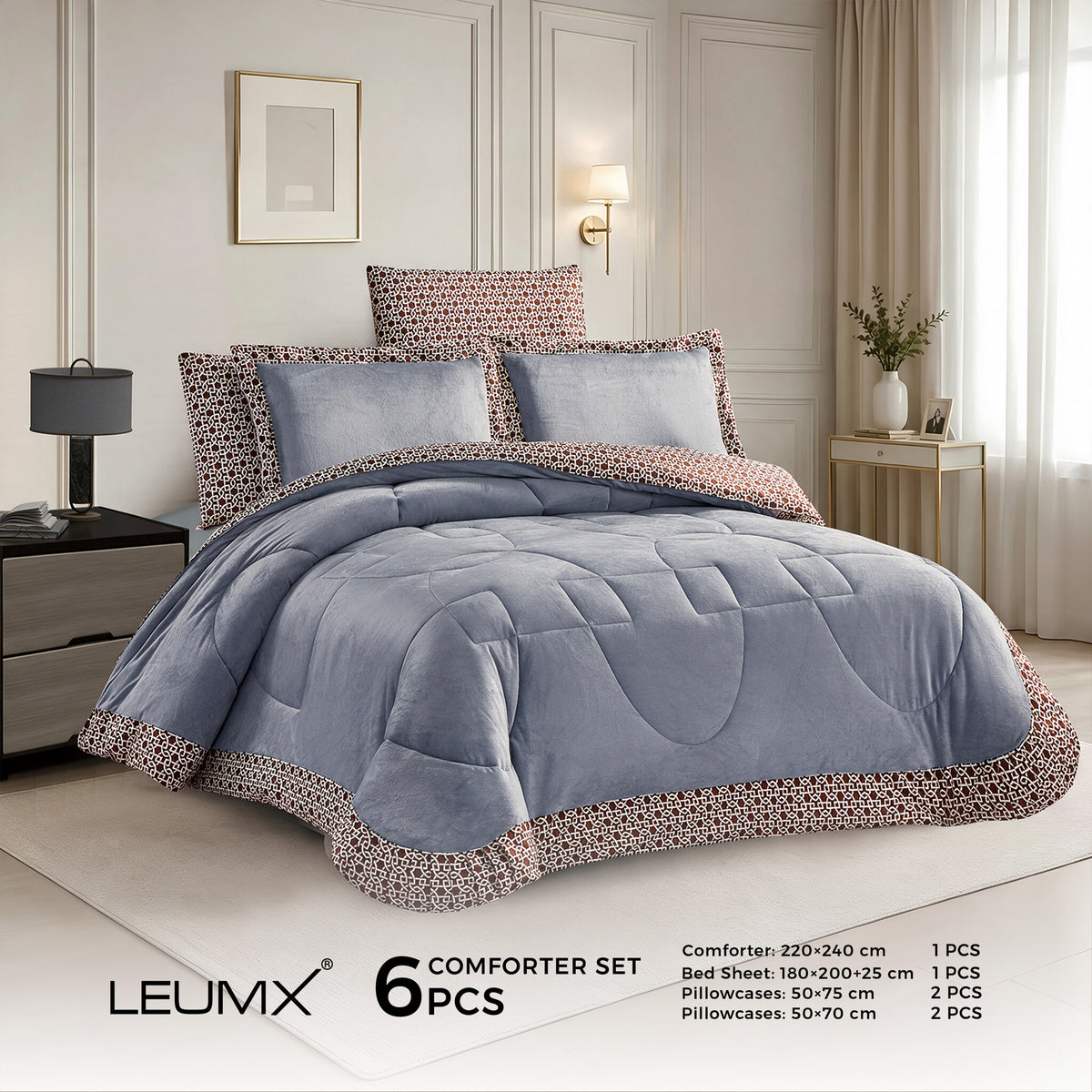 LEUMX Selin velvet comforter set 6-delig – Blauwgrijs