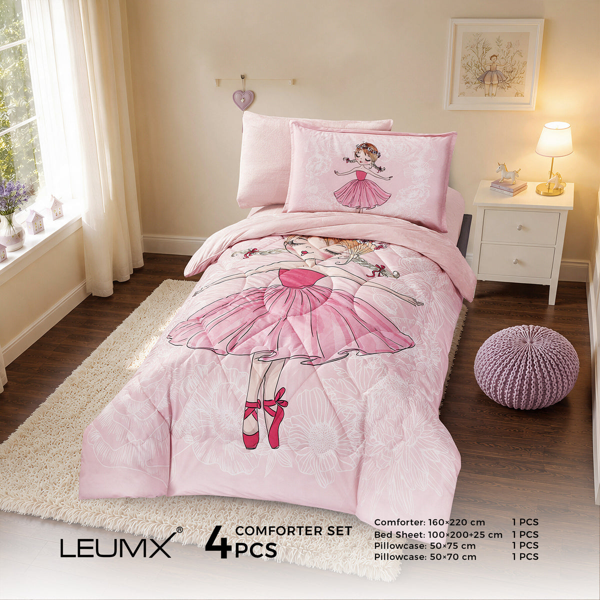 LEUMX Kids comforter set – Ballerina, 4-delig 1-persoons