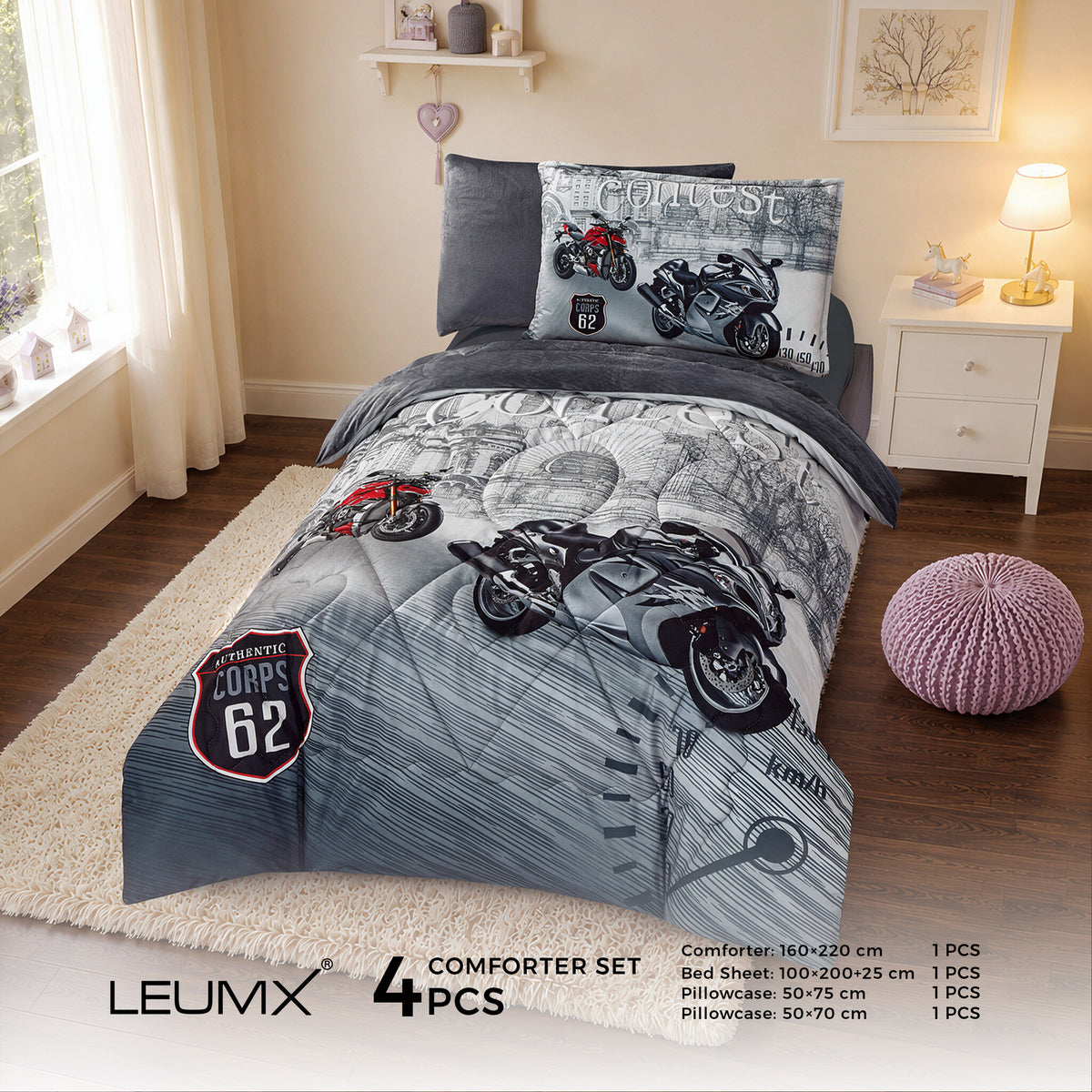LEUMX Kids comforter set – Motor, 4-delig 1-persoons