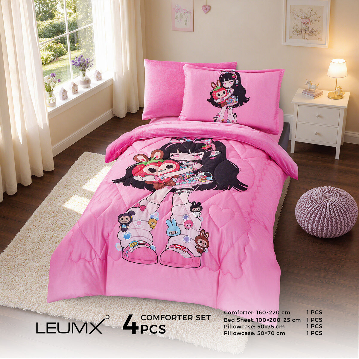 LEUMX Kids comforter set – Roze meisje, 4-delig 1-persoons