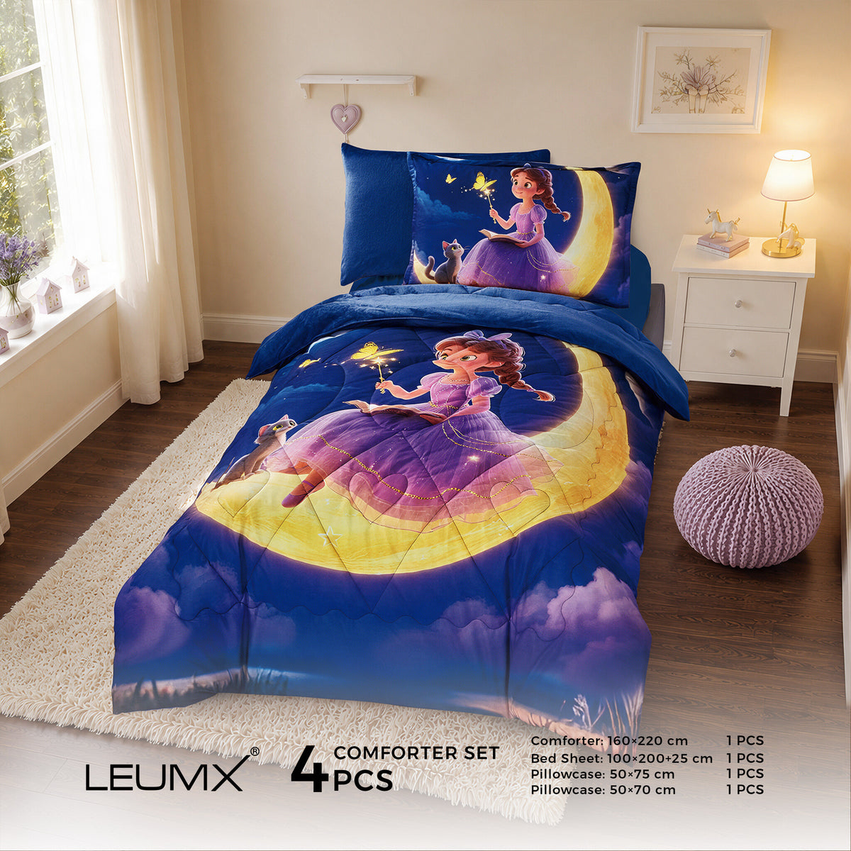 LEUMX Kids comforter set – Maanprinses, 4-delig 1-persoons