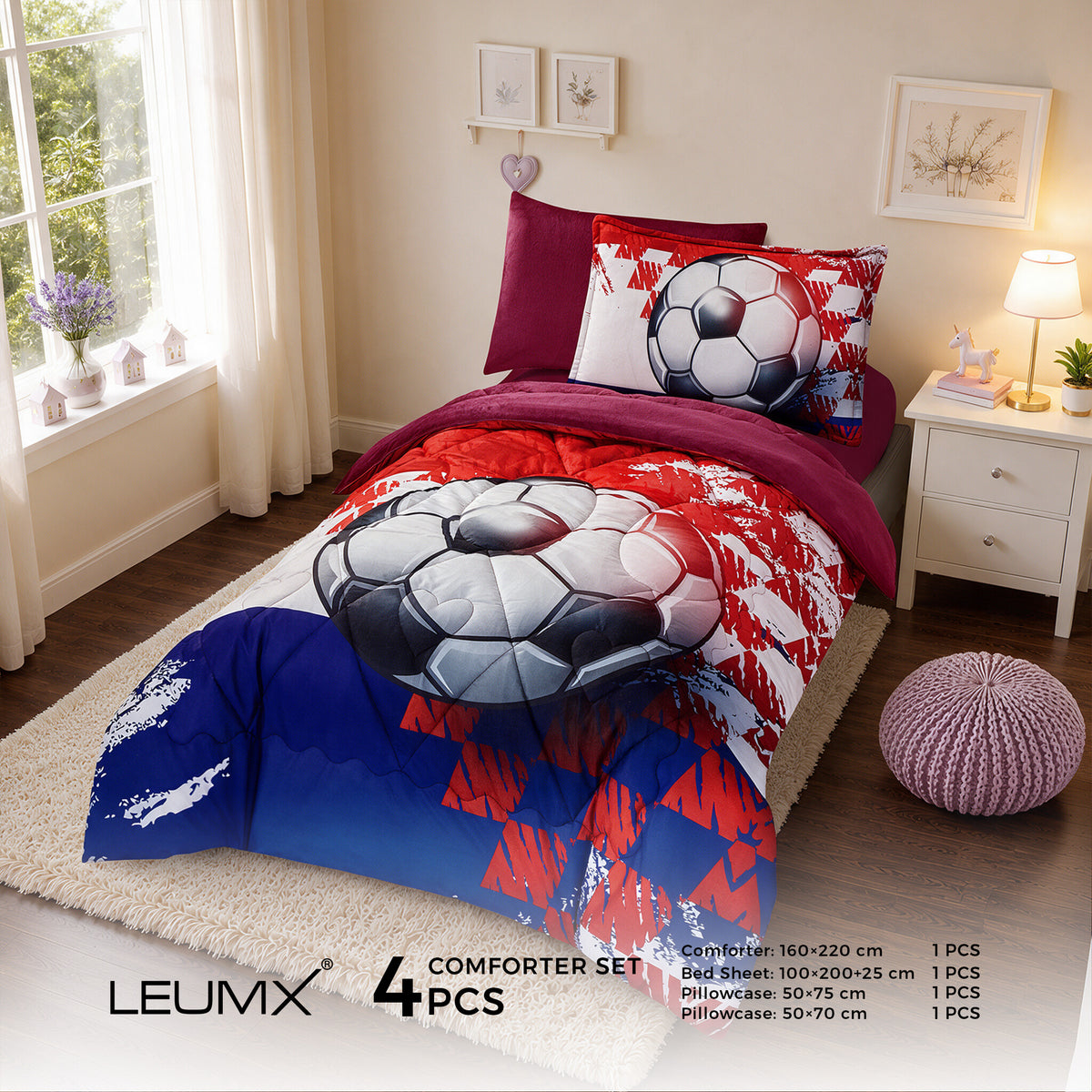 LEUMX Kids comforter set – Voetbal, 4-delig 1-persoons