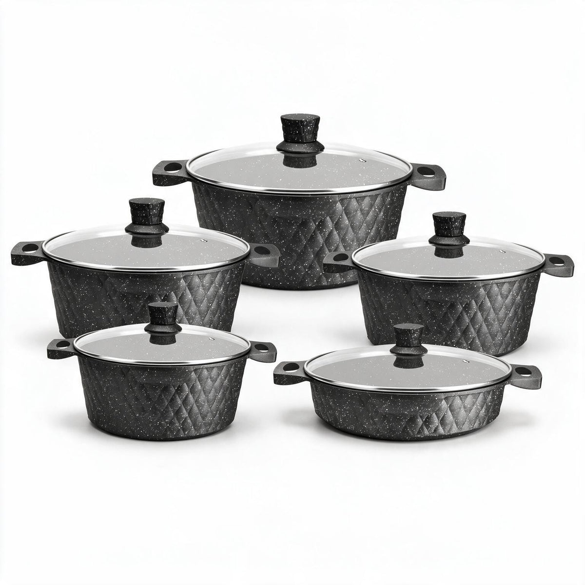 LEUMX Diamond Pannenset 10-Delig met Glazen Deksels – zwart