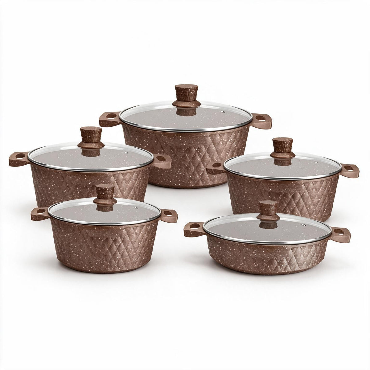 LEUMX Diamond Pannenset 10-Delig met Glazen Deksels – bruin