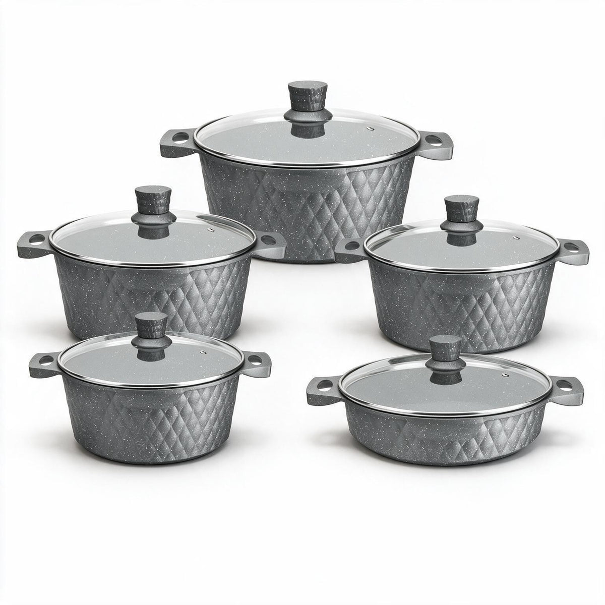 LEUMX Diamond Pannenset 10-Delig met Glazen Deksels – grijs
