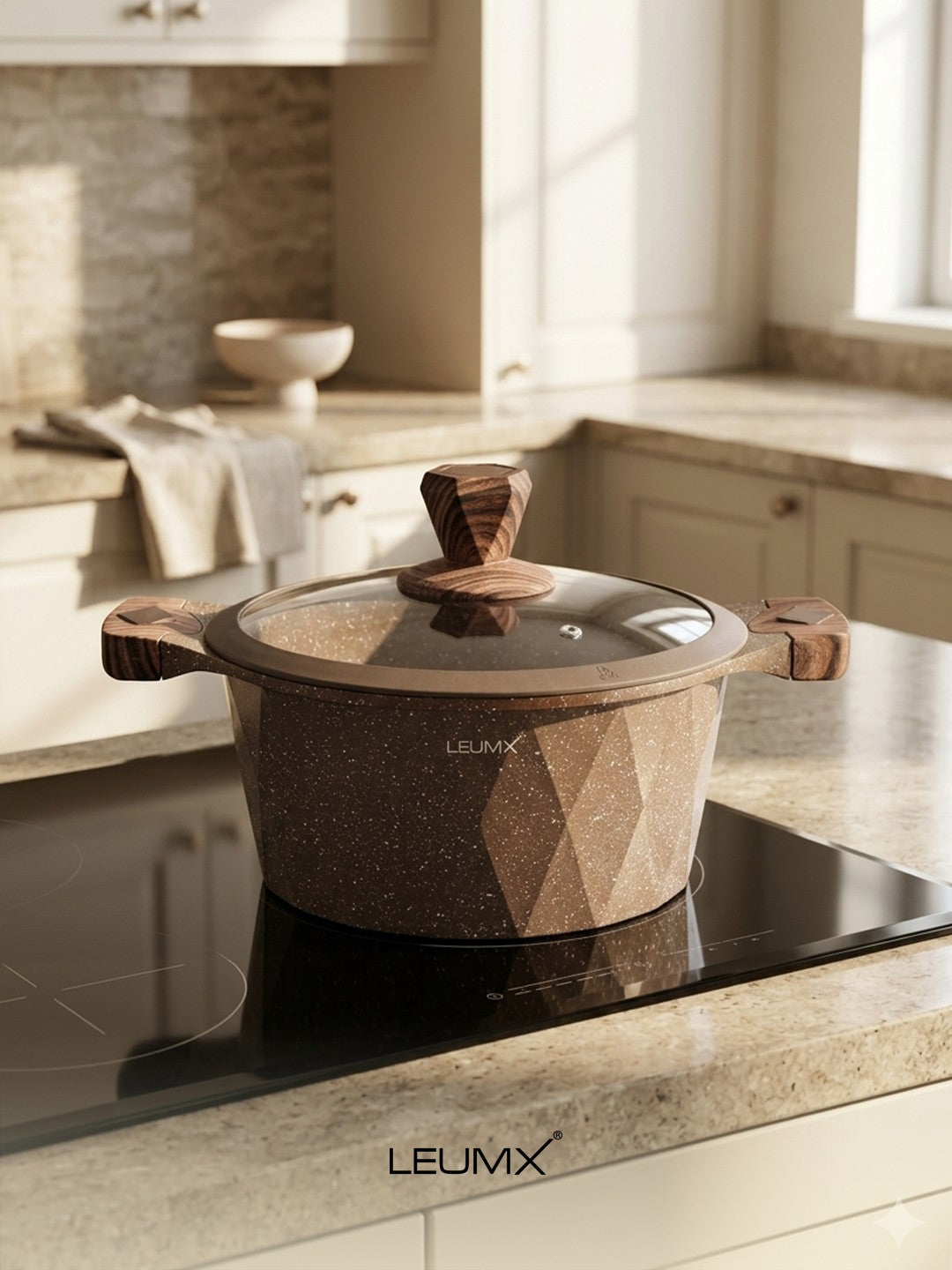 LEUMX Prism Pannenset 10-Delig met Glazen Deksels – bruin – sfeerfoto