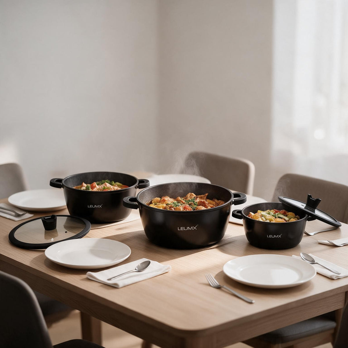 LEUMX Nero braadpannen met gerechten op tafel
